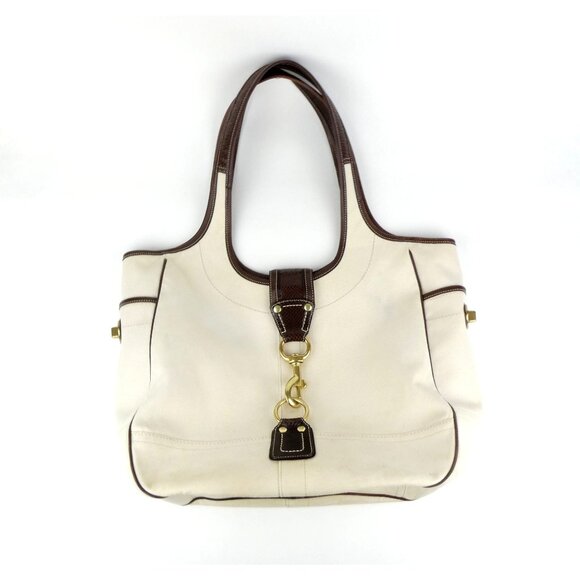 Coach Cream Chalk Brown Canvas Shoulder Bag Tote 10779 - Picture 1 of 16